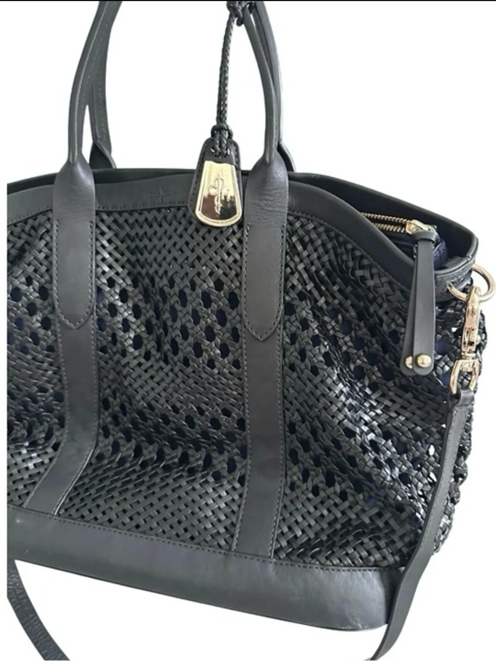 Cole Haan Black Woven Leather Tote with Shoulder Strap